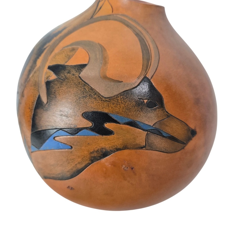 Ridge Carved Gourd 6in Brown Wolf Feather Southwestern Hand Painted Folk Art
